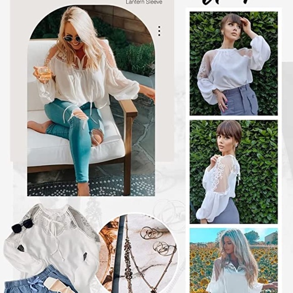 NWOT - Womens V Neck Crochet Lace Tops white Loose Puff Long Sleeve chiffon boho - Picture 6 of 6